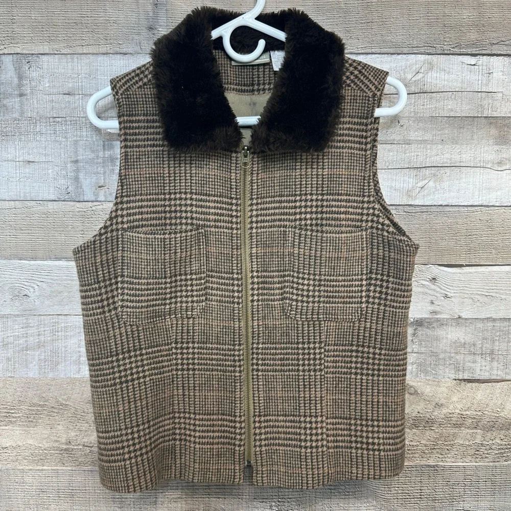 Coldwater Creek Womens Brown Tan Plaid Wool‎ Blend Faux Fur Collar Zip Vest 12